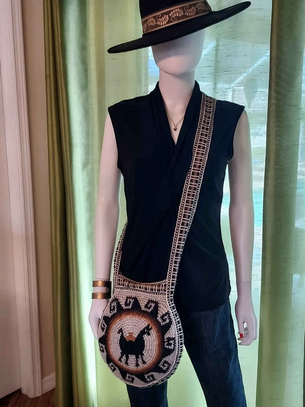 Handwoven Alpacha Wool Black & Cream Crossbody Sling Bag with Animal Motif